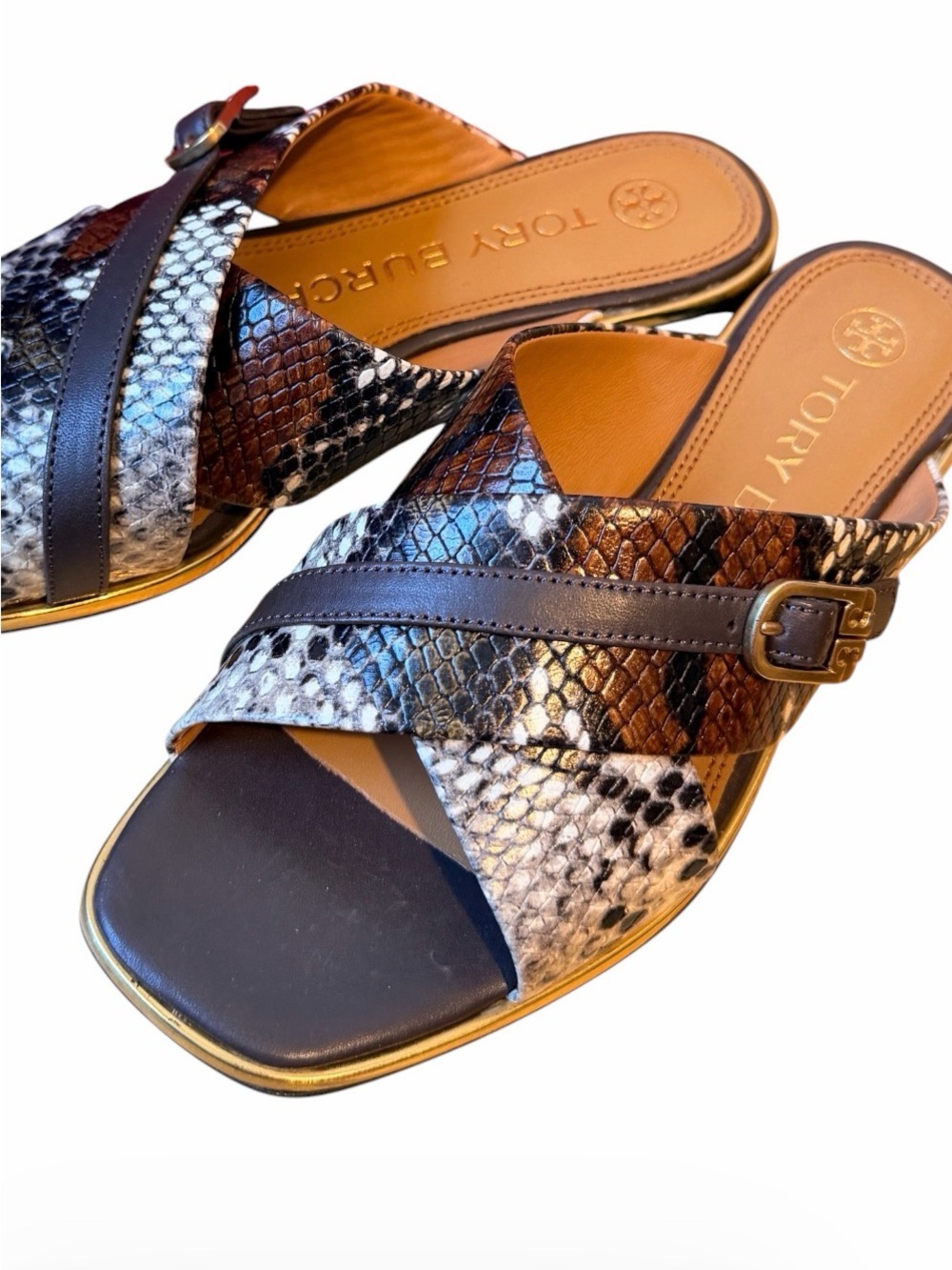 Tory Burch Brown and Black Snake-Print Slide Sandals - Picture 2 of 4